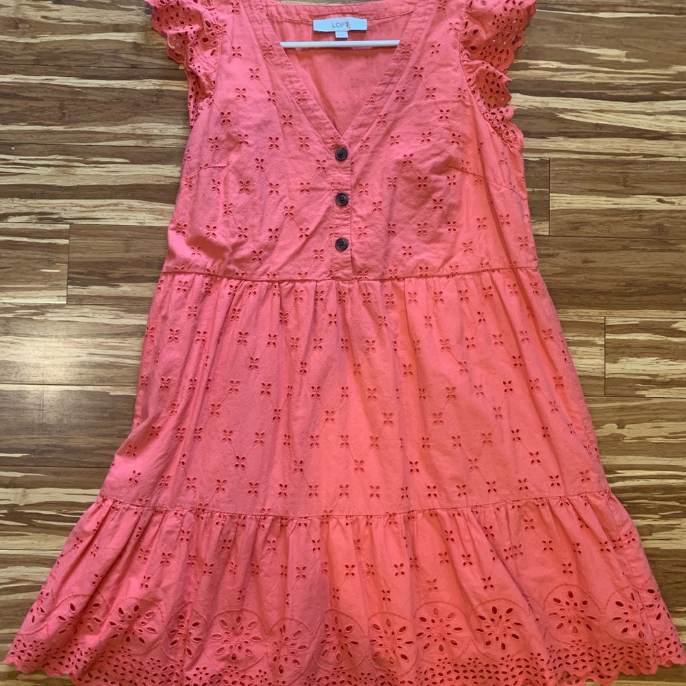 LOFT coral eyelet tiered dress size 6